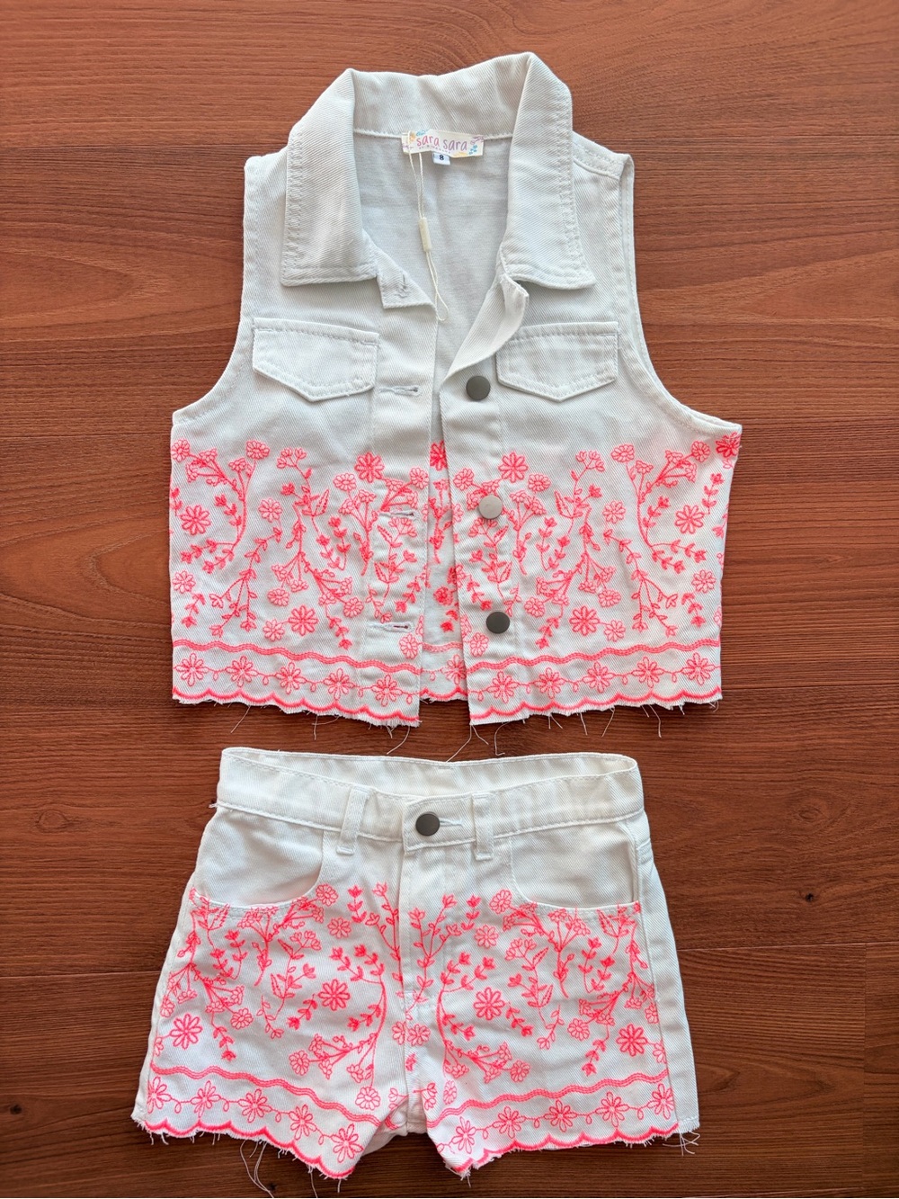 Sara Sara Denim Vest & Shorts Set with Pink Floral Embroidery
